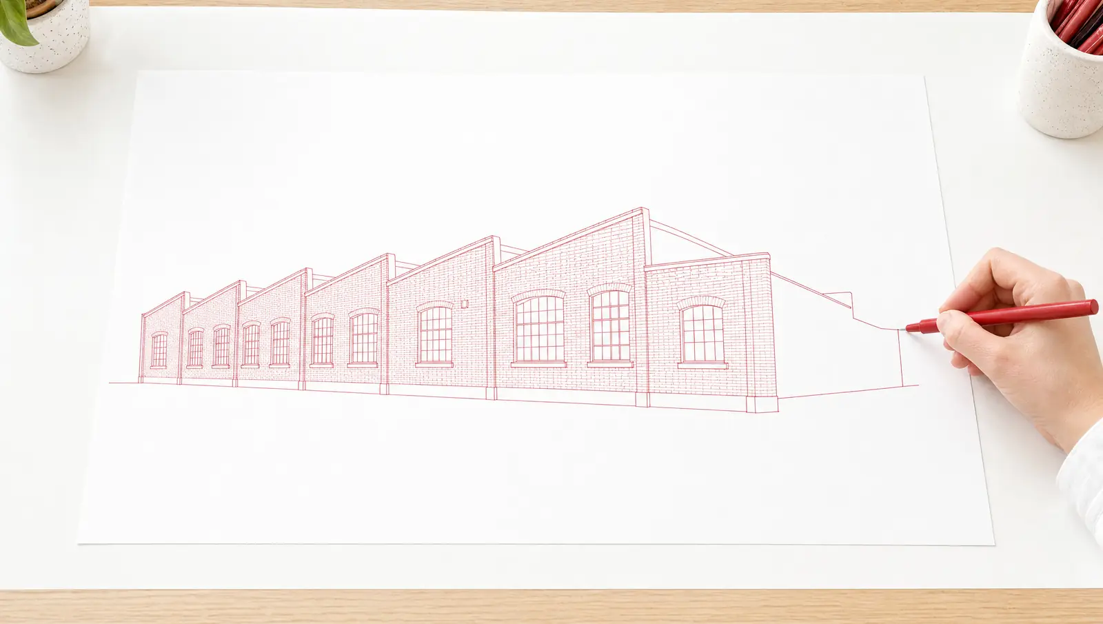 A hand drawing a red line sketch of a brick warehouse on white paper