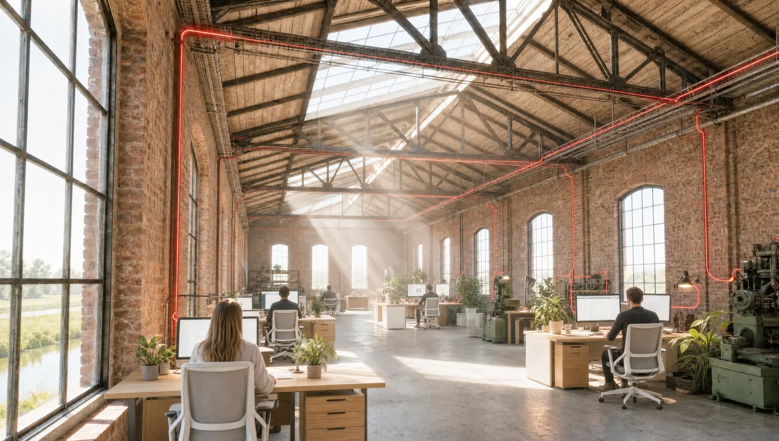 An open-plan workspace inside the brick hall, with colleagues at their desks