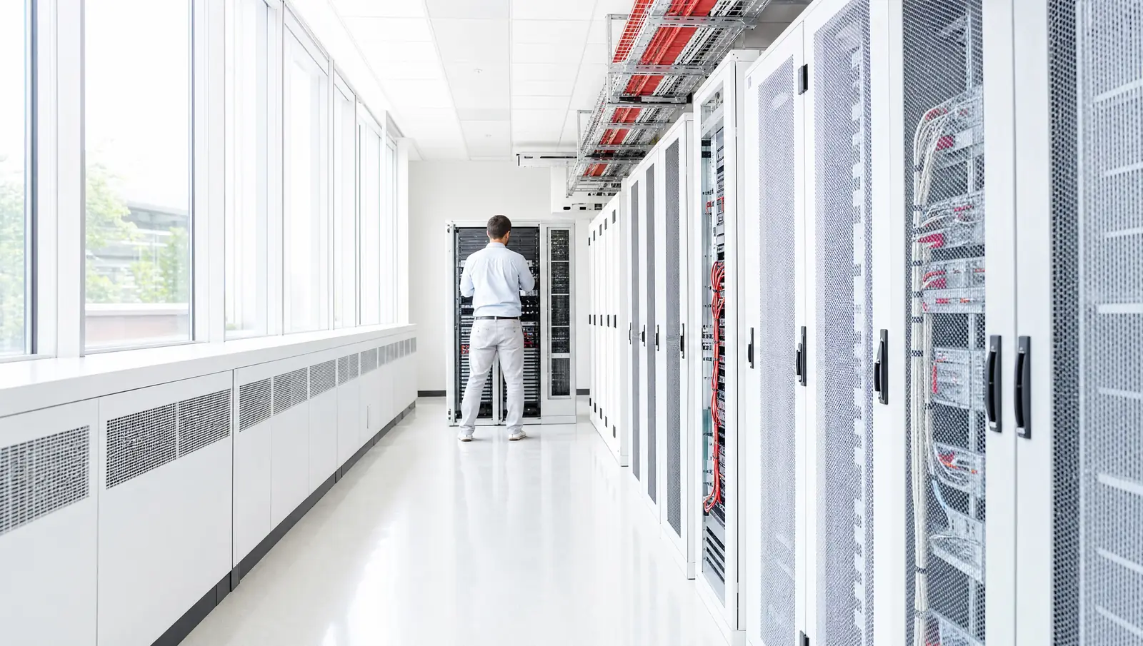 A clean, bright server room with white racks