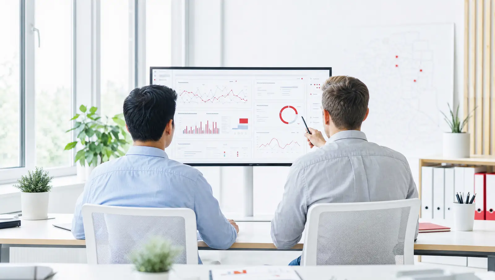 Two engineers reviewing a live monitoring dashboard